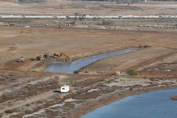 Aerial view of construction area with bulldozers